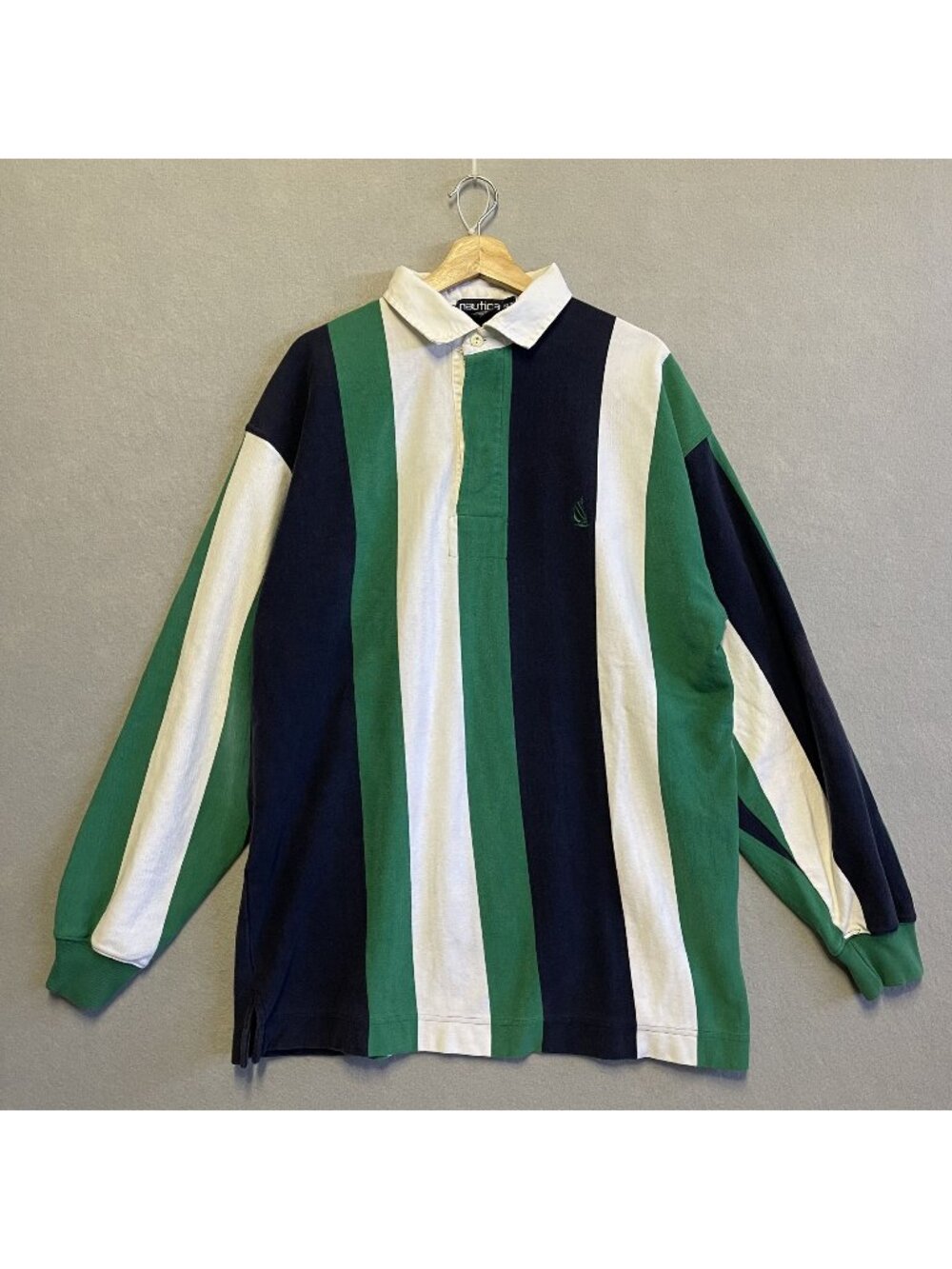 Vtg Nautica XL Vertical Stripe Colorblock Long-Sleeve Polo Green Navy White
